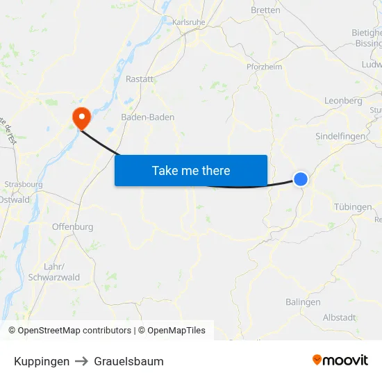 Kuppingen to Grauelsbaum map