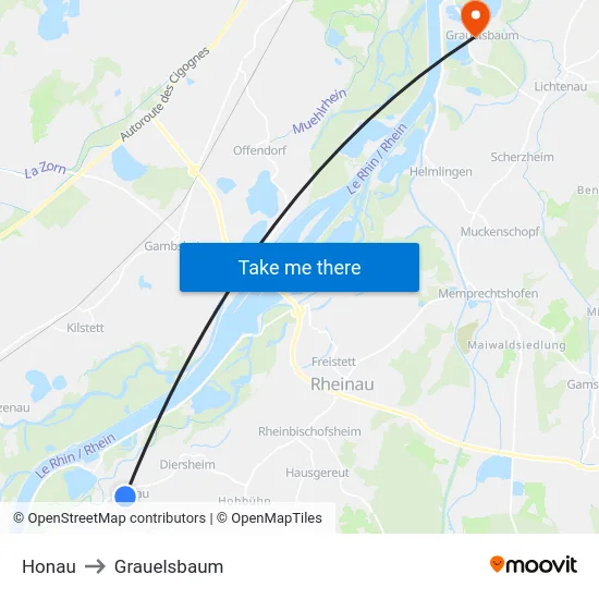 Honau to Grauelsbaum map