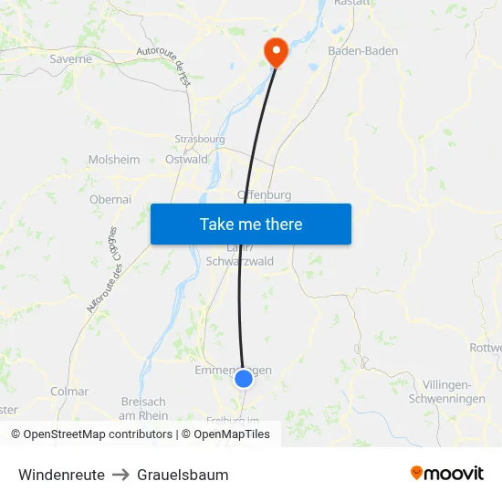 Windenreute to Grauelsbaum map