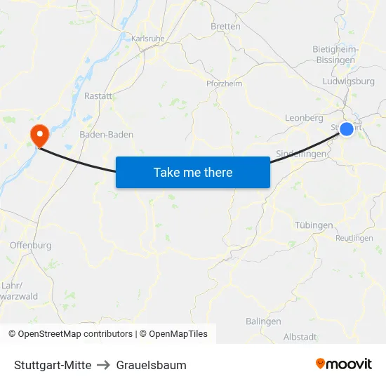 Stuttgart-Mitte to Grauelsbaum map