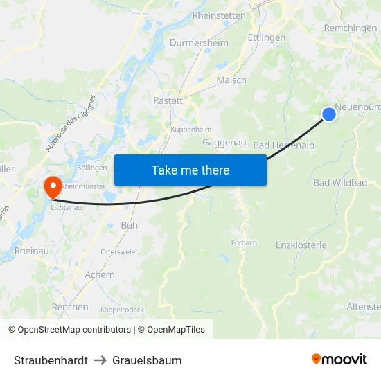 Straubenhardt to Grauelsbaum map