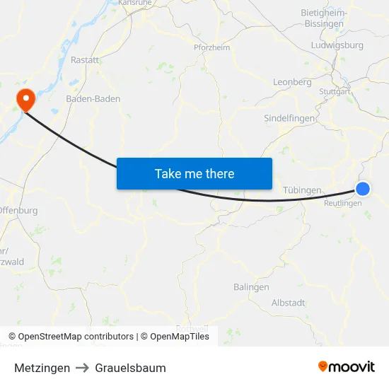 Metzingen to Grauelsbaum map