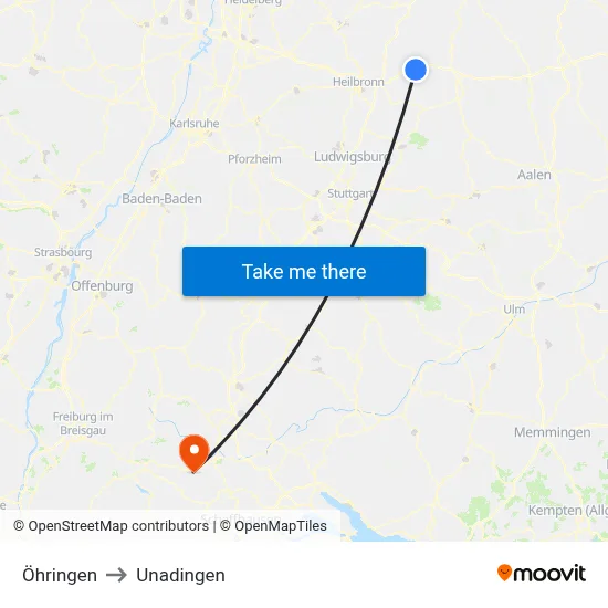 Öhringen to Unadingen map