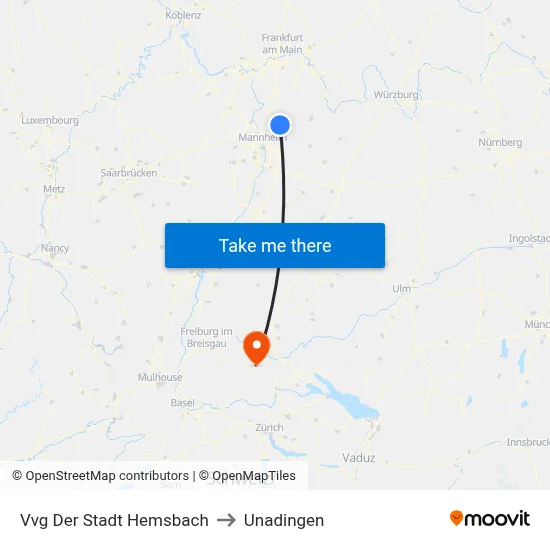 Vvg Der Stadt Hemsbach to Unadingen map
