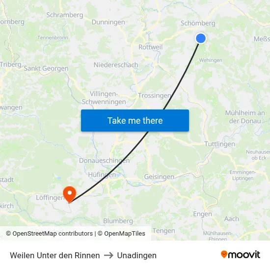 Weilen Unter den Rinnen to Unadingen map