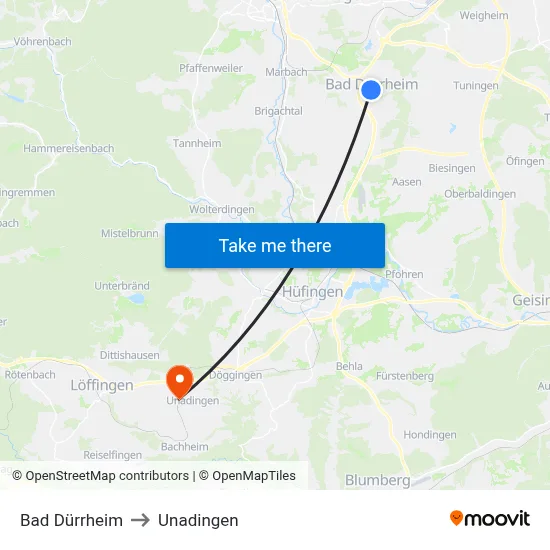 Bad Dürrheim to Unadingen map
