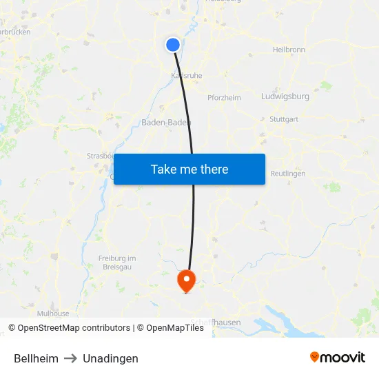 Bellheim to Unadingen map