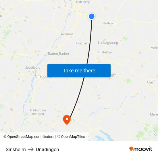 Sinsheim to Unadingen map
