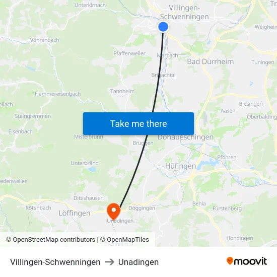 Villingen-Schwenningen to Unadingen map
