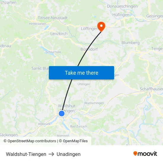 Waldshut-Tiengen to Unadingen map