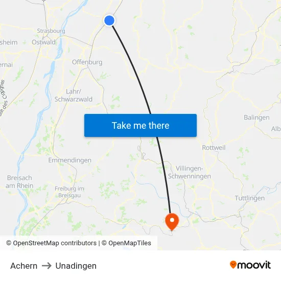 Achern to Unadingen map