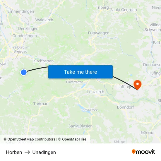 Horben to Unadingen map