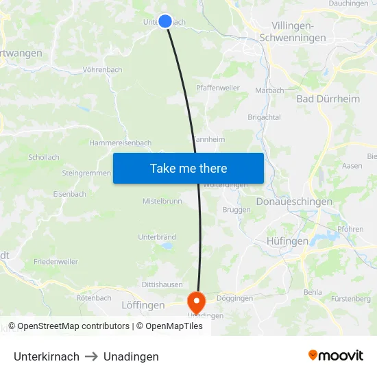 Unterkirnach to Unadingen map