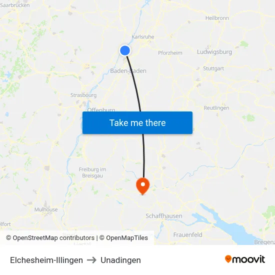 Elchesheim-Illingen to Unadingen map