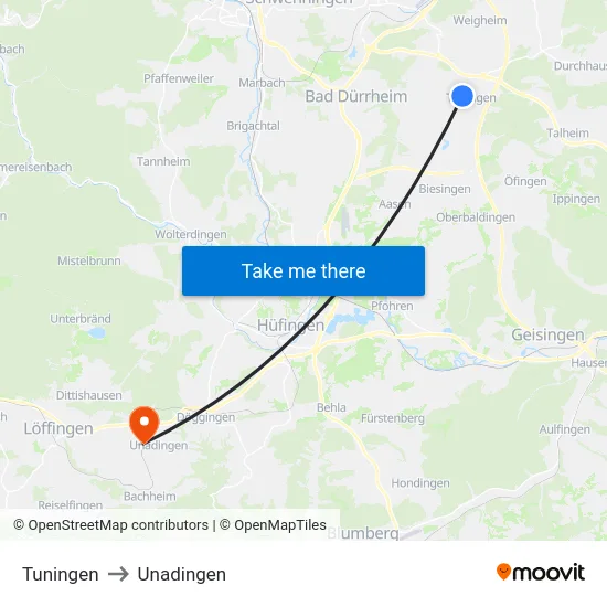 Tuningen to Unadingen map