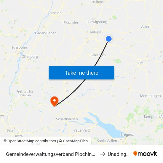 Gemeindeverwaltungsverband Plochingen to Unadingen map