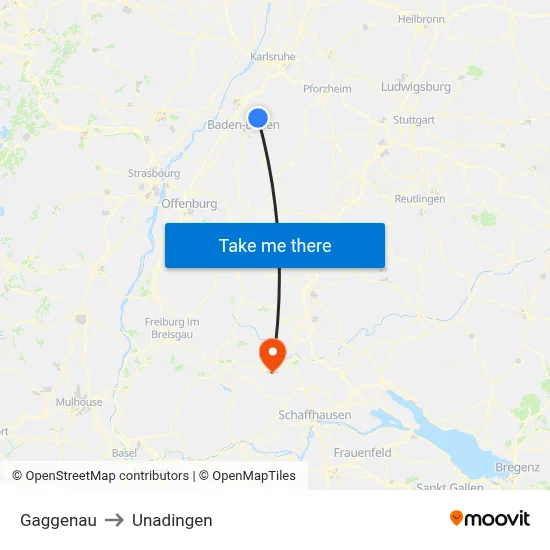 Gaggenau to Unadingen map