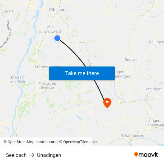 Seelbach to Unadingen map