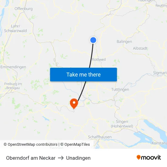 Oberndorf am Neckar to Unadingen map