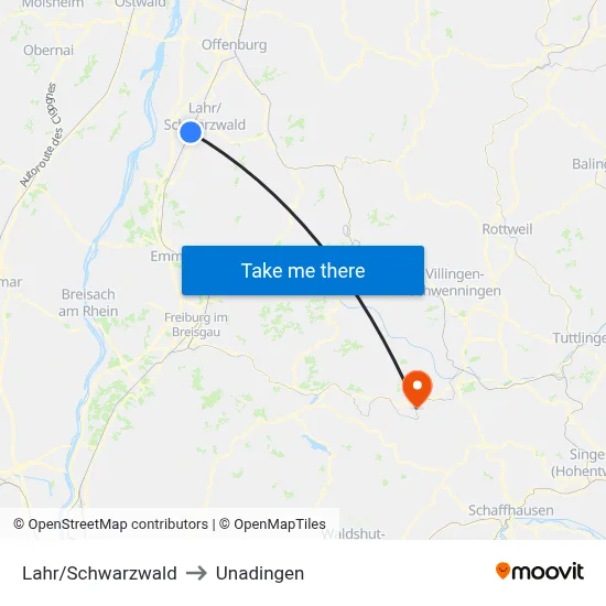 Lahr/Schwarzwald to Unadingen map