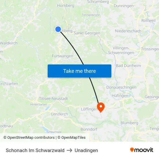 Schonach Im Schwarzwald to Unadingen map