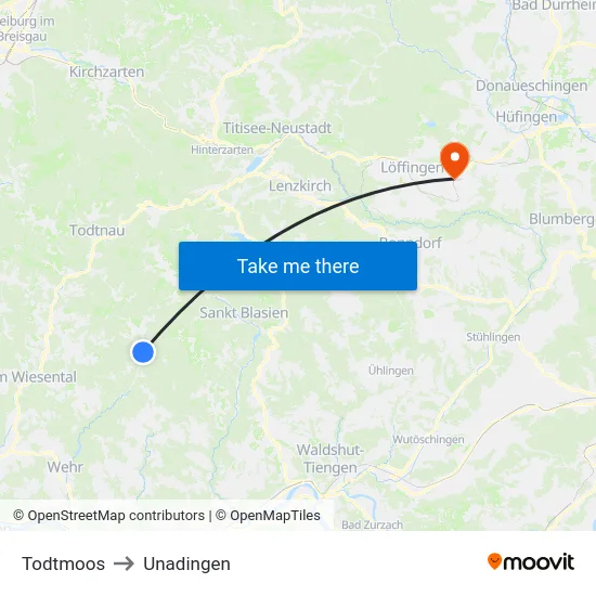 Todtmoos to Unadingen map