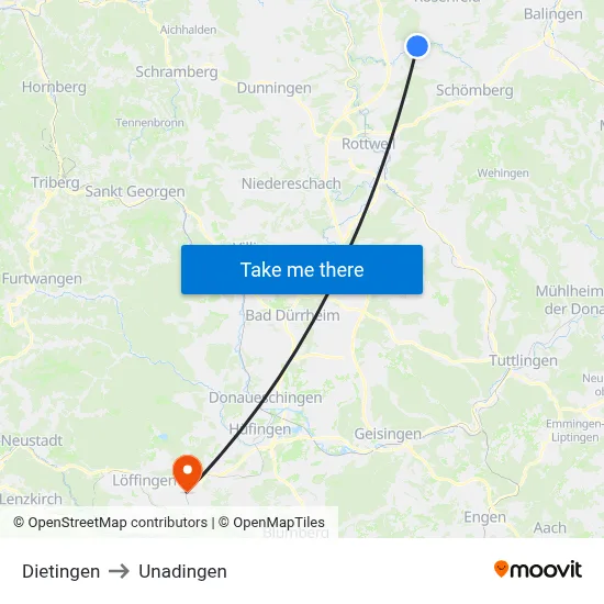 Dietingen to Unadingen map