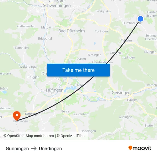 Gunningen to Unadingen map