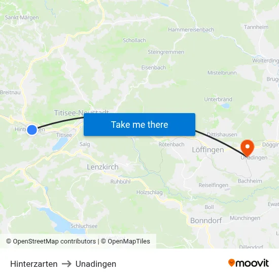 Hinterzarten to Unadingen map