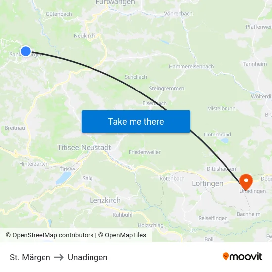 St. Märgen to Unadingen map