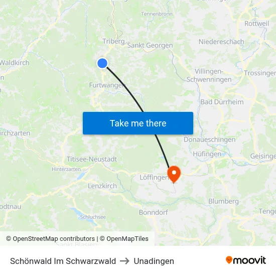 Schönwald Im Schwarzwald to Unadingen map