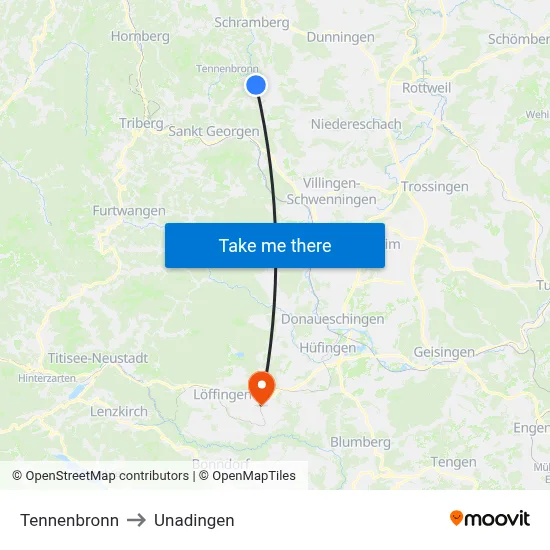 Tennenbronn to Unadingen map