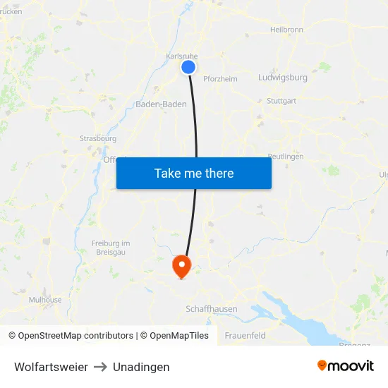 Wolfartsweier to Unadingen map