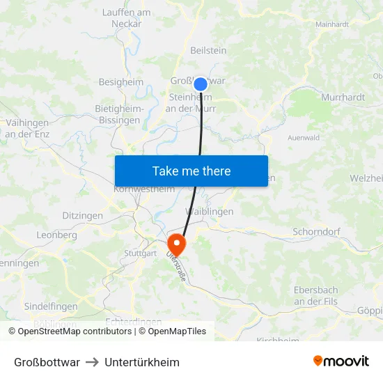 Großbottwar to Untertürkheim map