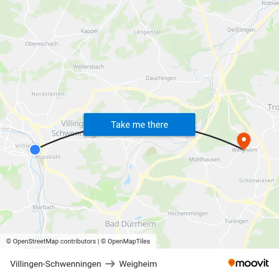 Villingen-Schwenningen to Weigheim map