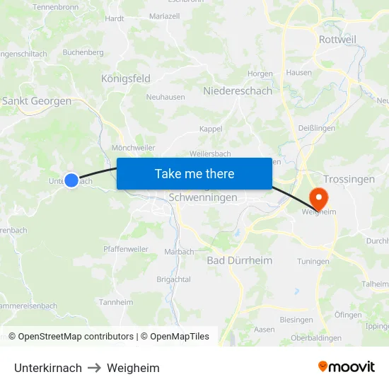 Unterkirnach to Weigheim map
