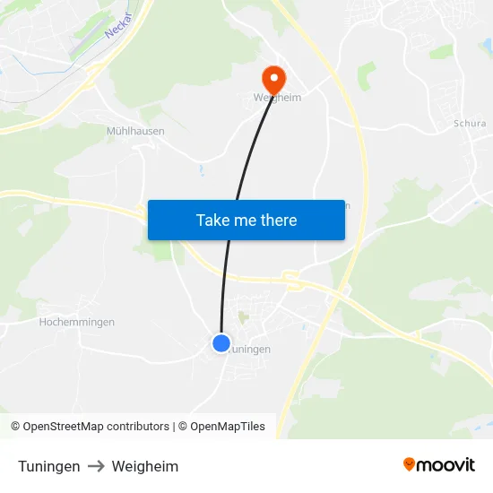 Tuningen to Weigheim map