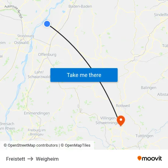 Freistett to Weigheim map