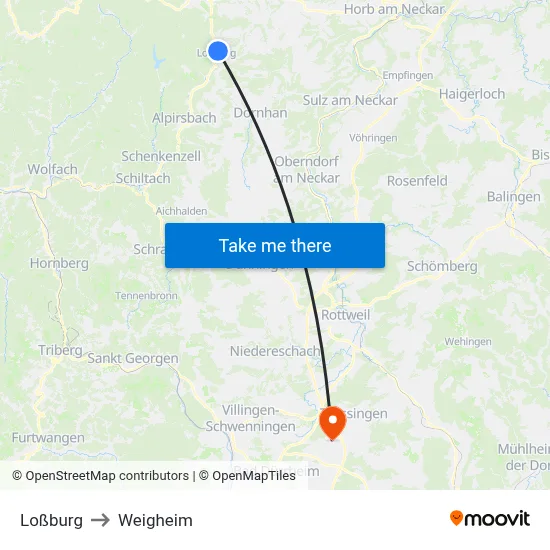 Loßburg to Weigheim map