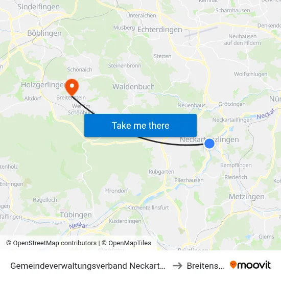 Gemeindeverwaltungsverband Neckartenzlingen to Breitenstein map