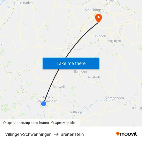 Villingen-Schwenningen to Breitenstein map