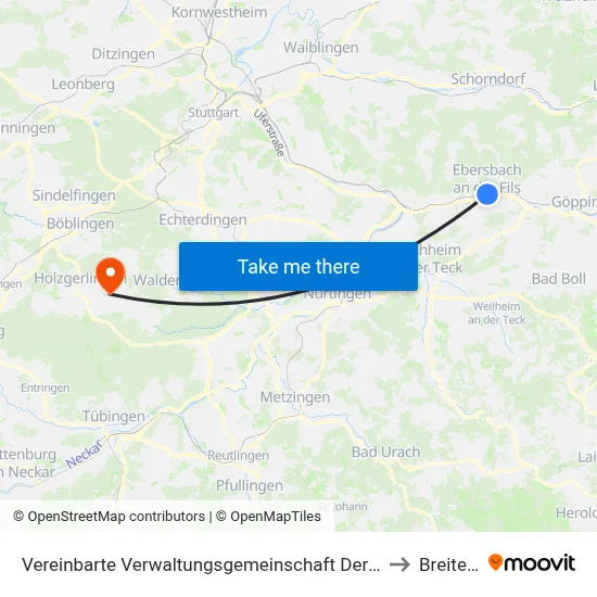 Vereinbarte Verwaltungsgemeinschaft Der Stadt Ebersbach An Der Fils to Breitenstein map