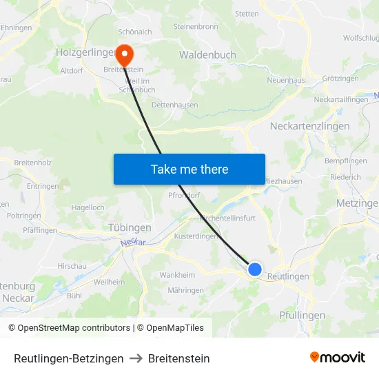 Reutlingen-Betzingen to Breitenstein map