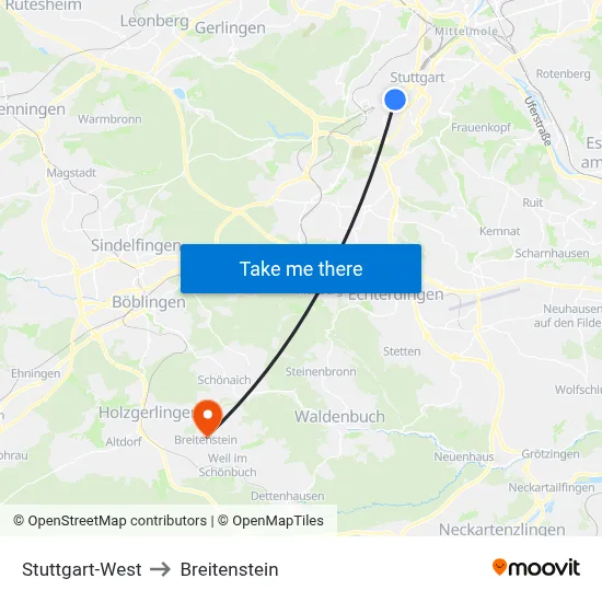 Stuttgart-West to Breitenstein map