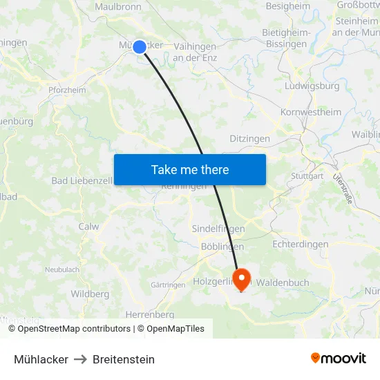 Mühlacker to Breitenstein map