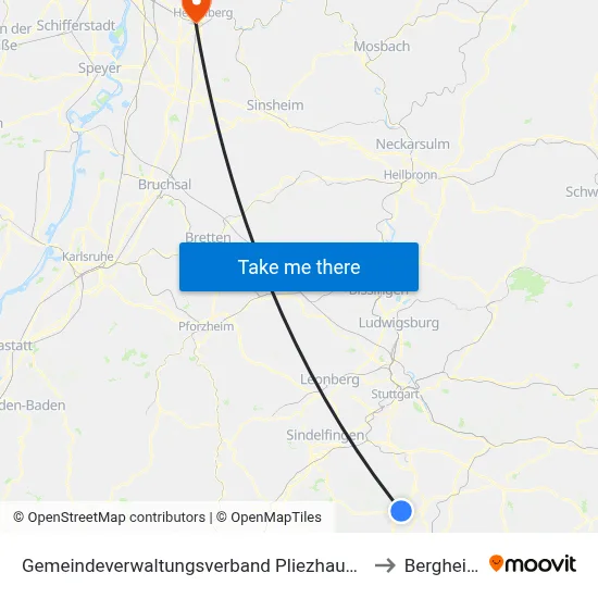Gemeindeverwaltungsverband Pliezhausen to Bergheim map