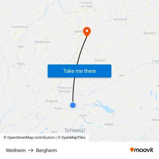 Weilheim to Bergheim map
