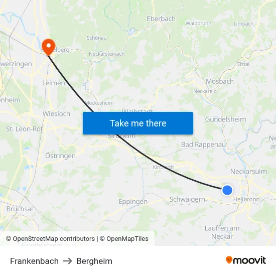 Frankenbach to Bergheim map