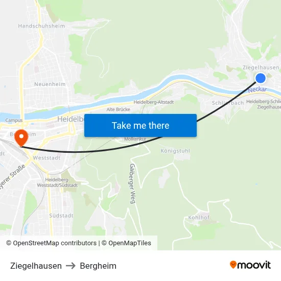 Ziegelhausen to Bergheim map