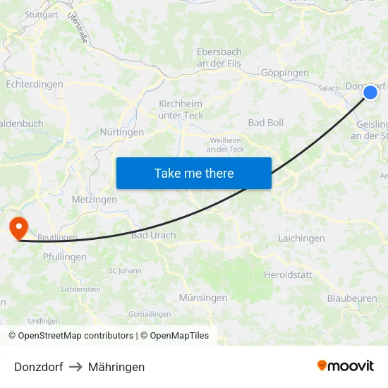 Donzdorf to Mähringen map